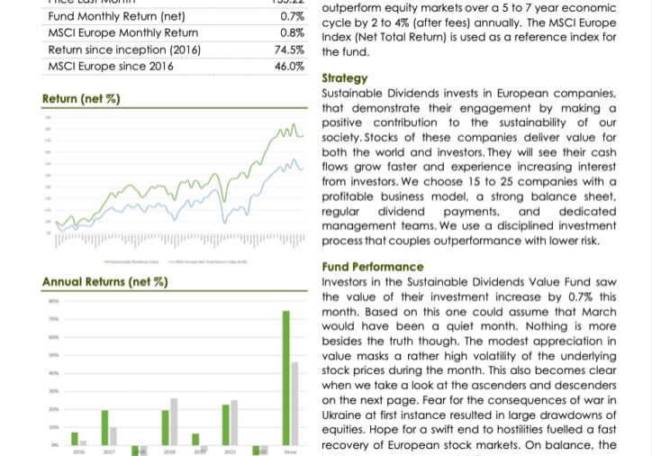 Sustainable Dividends Value Fund Monthly Report March 2022